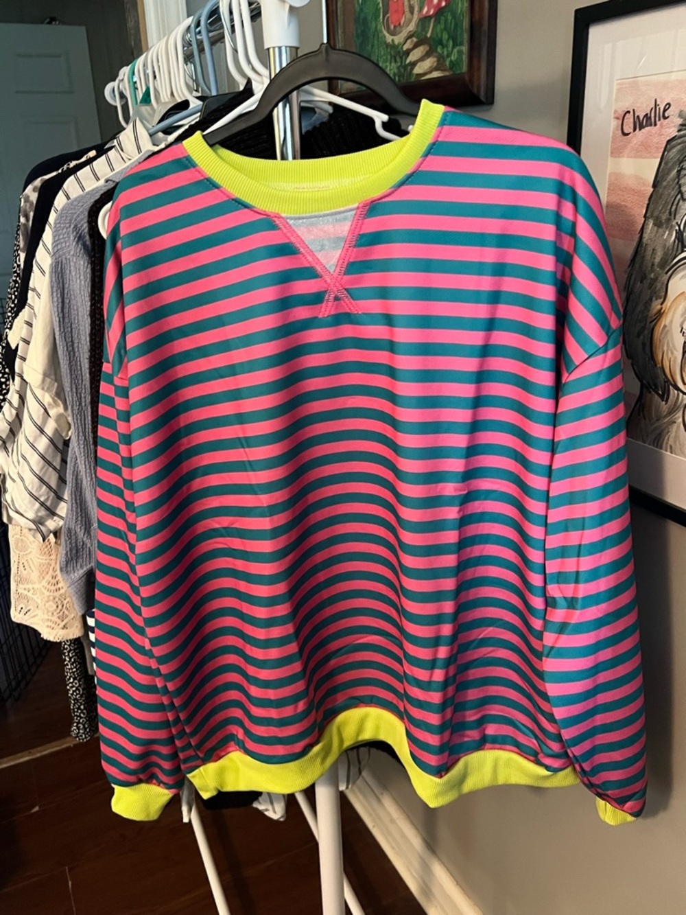 Bright Pink & Teal Striped Sweatshirt with Neon Yellow Trim fits slightly small